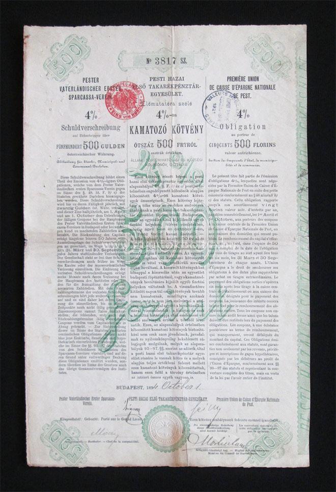 Pesti Hazai Első Takarékpénztár 4% kötvény 500 forint 1894